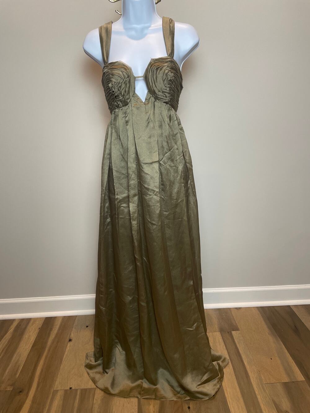 Vestique Satin Maxi Dress Size S Olive Green Keyhole Empire Waist New With Tag